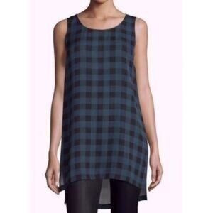 Eileen Fisher | Navy Plaid Checkered Silk Sleeveless Tunic Top Size Small